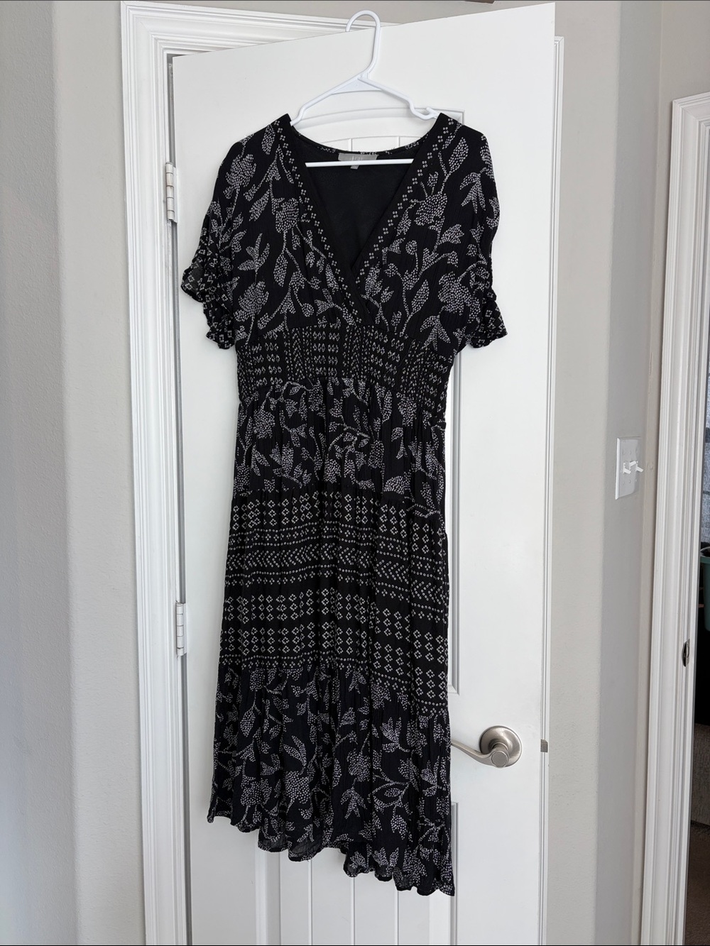 Black Floral Smocked V-Neck Midi Dress